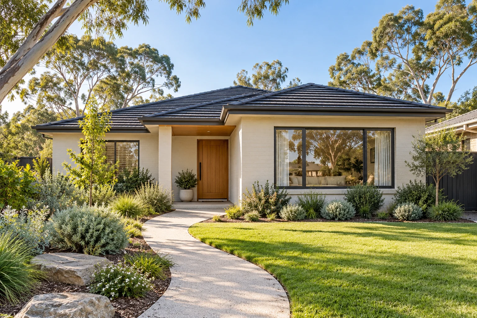An Australian home with a welcoming front path and a leafy, well-kept garden